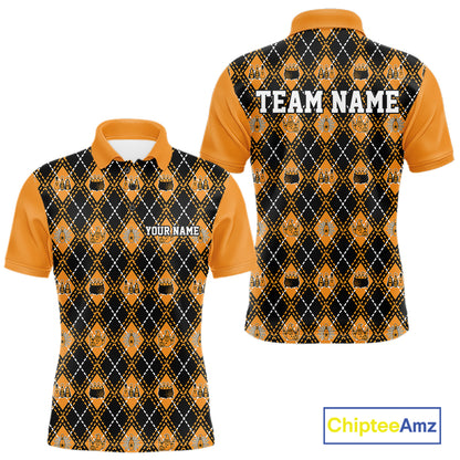 Custom Black And Orange Halloween Bowling Argyle Pattern Bowling Team Men Polo Shirt IPHW11927