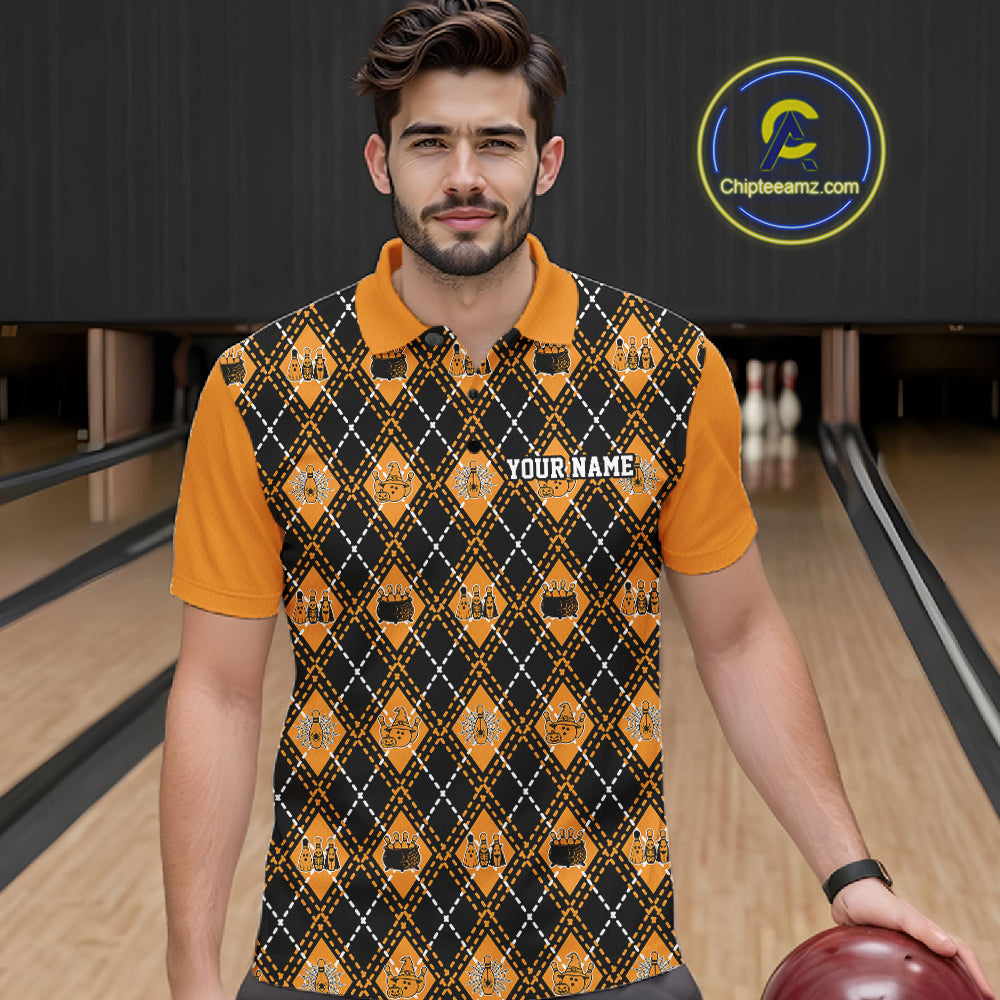 Custom Black And Orange Halloween Bowling Argyle Pattern Bowling Team Men Polo Shirt IPHW11927