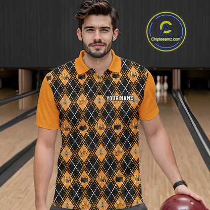 Custom Black And Orange Halloween Bowling Argyle Pattern Bowling Team Men Polo Shirt IPHW11927