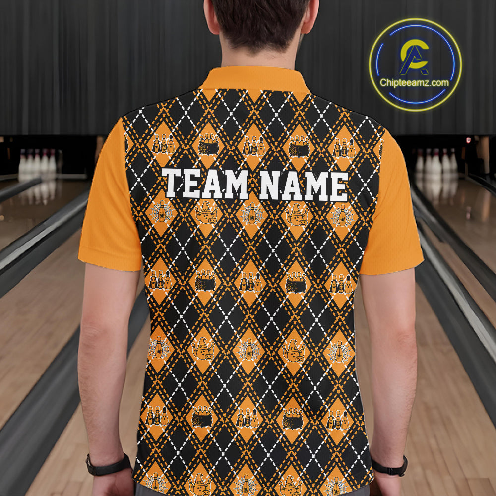 Custom Black And Orange Halloween Bowling Argyle Pattern Bowling Team Men Polo Shirt IPHW11927