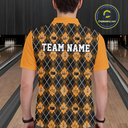 Custom Black And Orange Halloween Bowling Argyle Pattern Bowling Team Men Polo Shirt IPHW11927