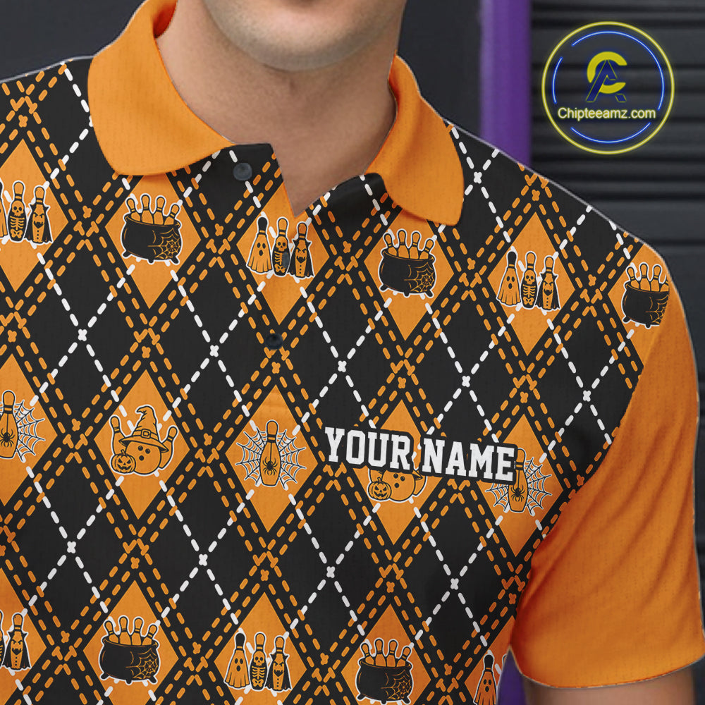 Custom Black And Orange Halloween Bowling Argyle Pattern Bowling Team Men Polo Shirt IPHW11927