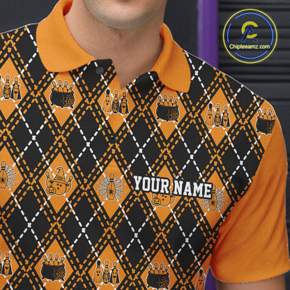 Custom Black And Orange Halloween Bowling Argyle Pattern Bowling Team Men Polo Shirt IPHW11927