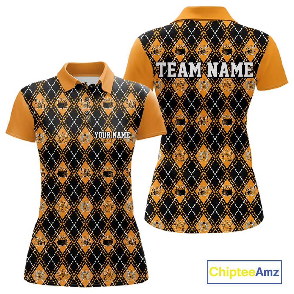 Custom Black And Orange Halloween Bowling Argyle Pattern Bowling Team Women Polo Shirt IPHW11927