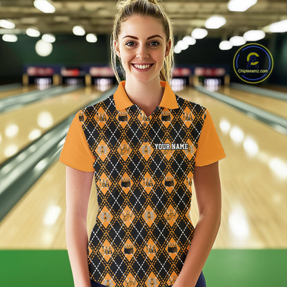 Custom Black And Orange Halloween Bowling Argyle Pattern Bowling Team Women Polo Shirt IPHW11927