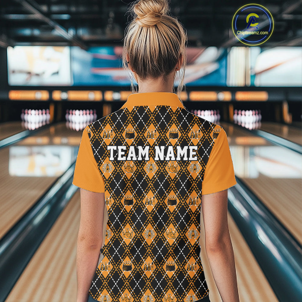 Custom Black And Orange Halloween Bowling Argyle Pattern Bowling Team Women Polo Shirt IPHW11927