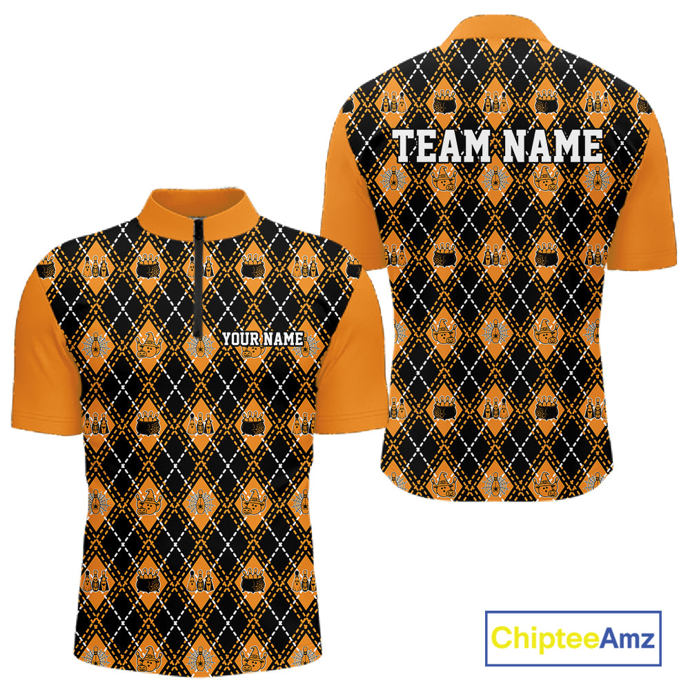 Custom Black And Orange Halloween Bowling Argyle Pattern Bowling Team Men Quarter Zip Shirt IPHW11927