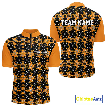 Custom Black And Orange Halloween Bowling Argyle Pattern Bowling Team Men Quarter Zip Shirt IPHW11927