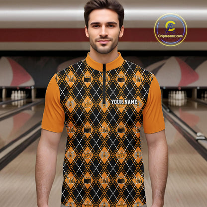 Custom Black And Orange Halloween Bowling Argyle Pattern Bowling Team Men Quarter Zip Shirt IPHW11927