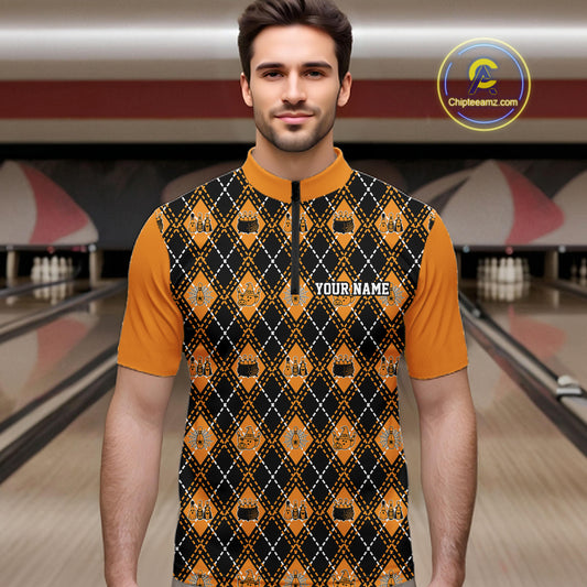 Custom Black And Orange Halloween Bowling Argyle Pattern Bowling Team Men Quarter Zip Shirt IPHW11927