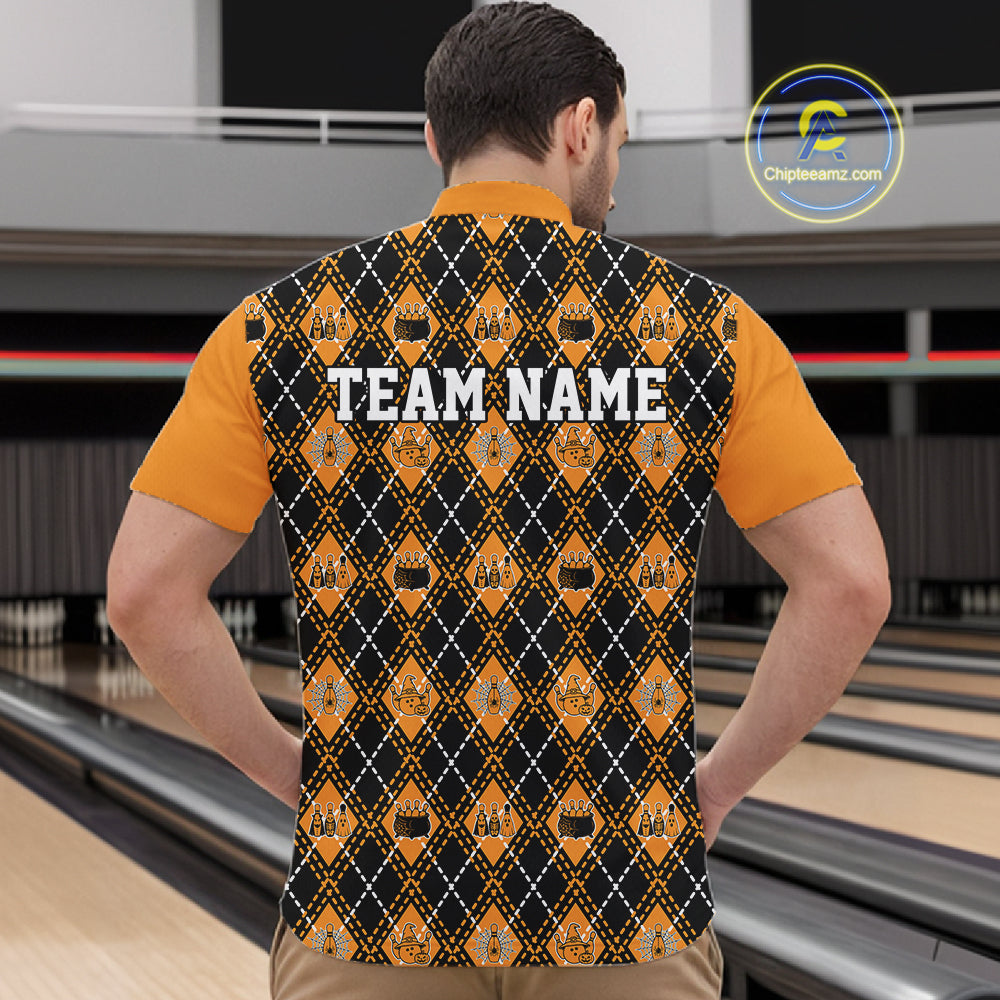 Custom Black And Orange Halloween Bowling Argyle Pattern Bowling Team Men Quarter Zip Shirt IPHW11927