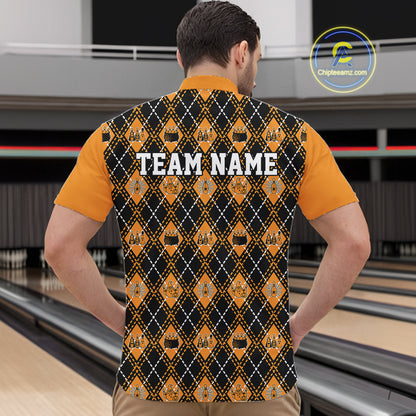 Custom Black And Orange Halloween Bowling Argyle Pattern Bowling Team Men Quarter Zip Shirt IPHW11927