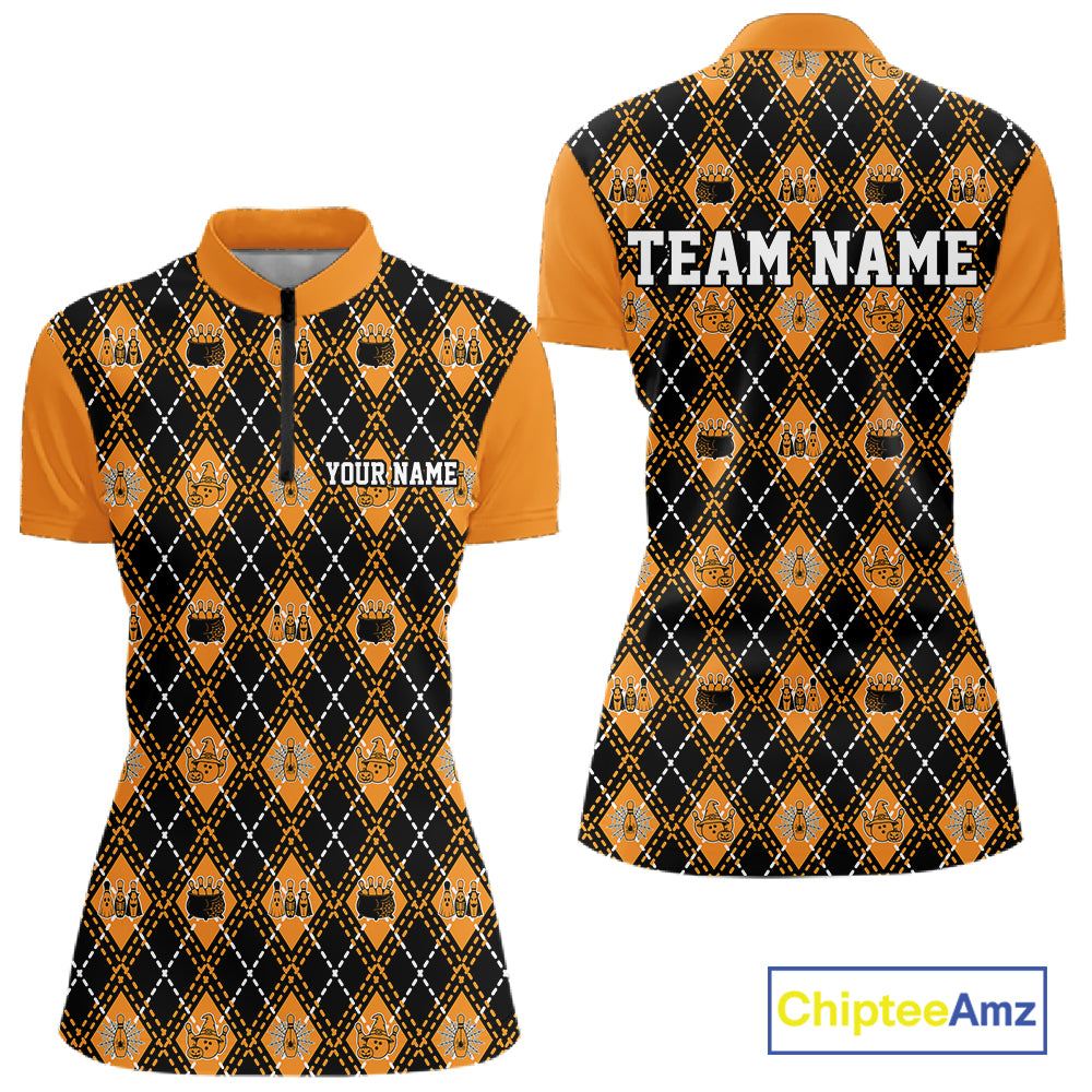 Custom Black And Orange Halloween Bowling Argyle Pattern Bowling Women Quarter-Zip Shirt IPHW11927