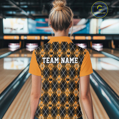 Custom Black And Orange Halloween Bowling Argyle Pattern Bowling Women Quarter-Zip Shirt IPHW11927
