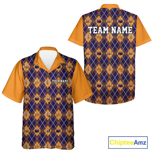 Custom Orange And Purple Halloween Bowling Argyle Pattern Bowling Team Men And Women Button Up Shirt IPHW11928