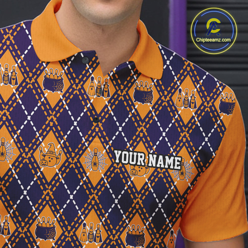 Custom Orange And Purple Halloween Bowling Argyle Pattern Bowling Team Men Polo Shirt IPHW11928