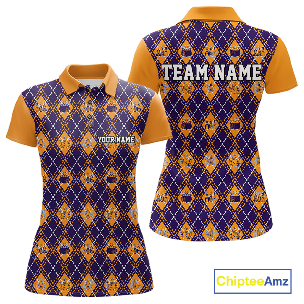 Custom Orange And Purple Halloween Bowling Argyle Pattern Bowling Team Women Polo Shirt IPHW11928