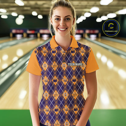 Custom Orange And Purple Halloween Bowling Argyle Pattern Bowling Team Women Polo Shirt IPHW11928