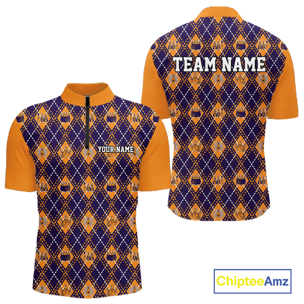 Custom Orange And Purple Halloween Bowling Argyle Pattern Bowling Team Men Quarter Zip Shirt IPHW11928
