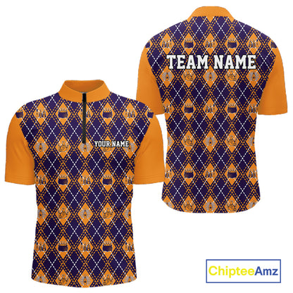 Custom Orange And Purple Halloween Bowling Argyle Pattern Bowling Team Men Quarter Zip Shirt IPHW11928