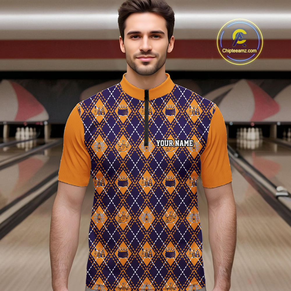 Custom Orange And Purple Halloween Bowling Argyle Pattern Bowling Team Men Quarter Zip Shirt IPHW11928