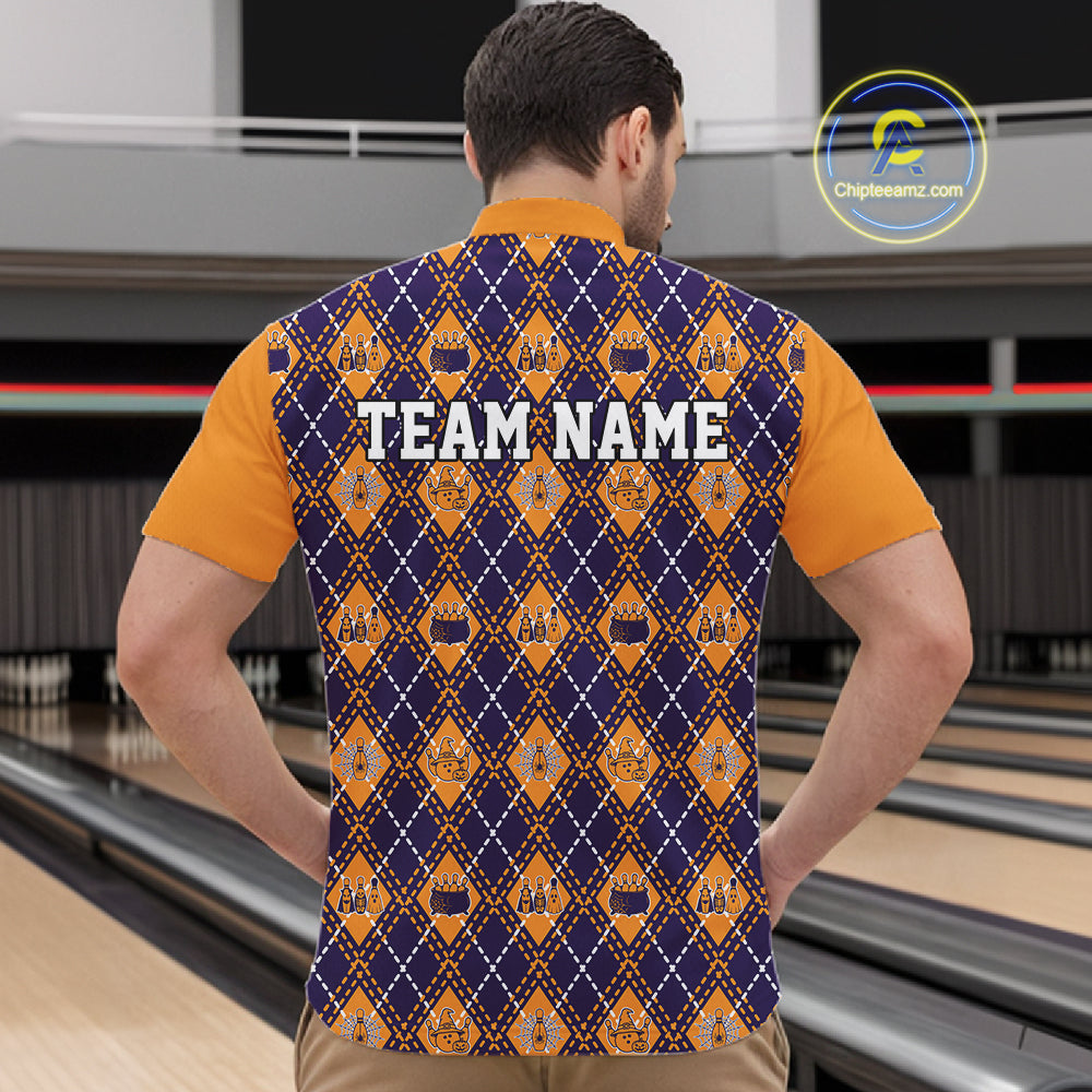 Custom Orange And Purple Halloween Bowling Argyle Pattern Bowling Team Men Quarter Zip Shirt IPHW11928