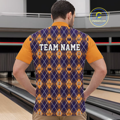 Custom Orange And Purple Halloween Bowling Argyle Pattern Bowling Team Men Quarter Zip Shirt IPHW11928