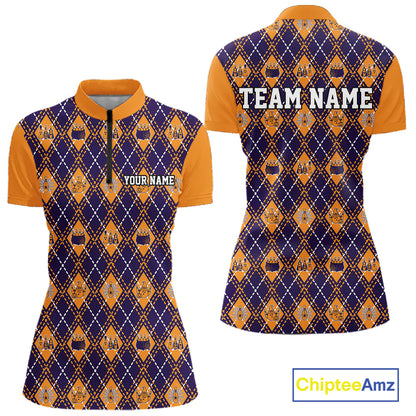 Custom Orange And Purple Halloween Bowling Argyle Bowling Women Quarter-Zip Shirt IPHW11928