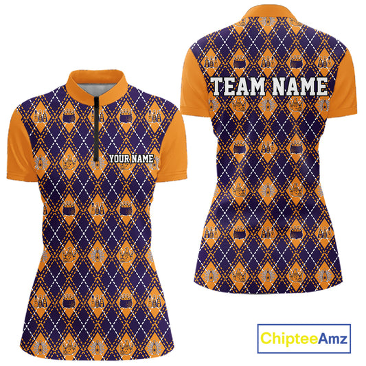 Custom Orange And Purple Halloween Bowling Argyle Bowling Women Quarter-Zip Shirt IPHW11928