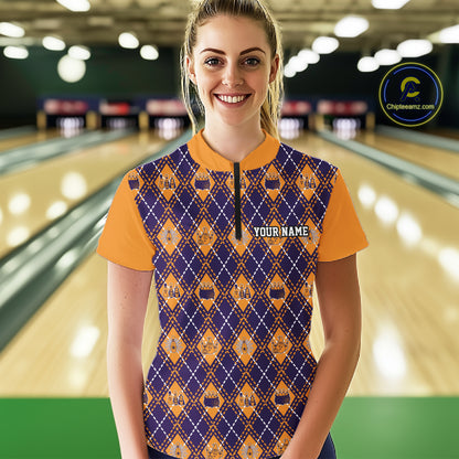 Custom Orange And Purple Halloween Bowling Argyle Bowling Women Quarter-Zip Shirt IPHW11928