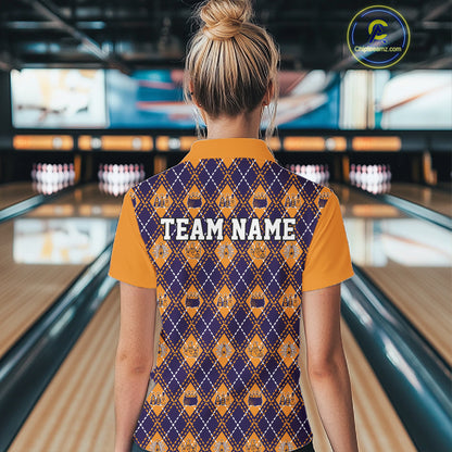 Custom Orange And Purple Halloween Bowling Argyle Bowling Women Quarter-Zip Shirt IPHW11928