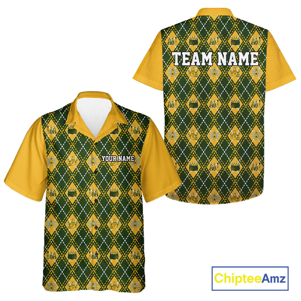 Custom Yellow And Green Halloween Bowling Argyle Pattern Bowling Team Men And Women Button Up Shirt IPHW11929