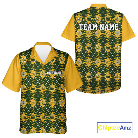 Custom Yellow And Green Halloween Bowling Argyle Pattern Bowling Team Men And Women Button Up Shirt IPHW11929