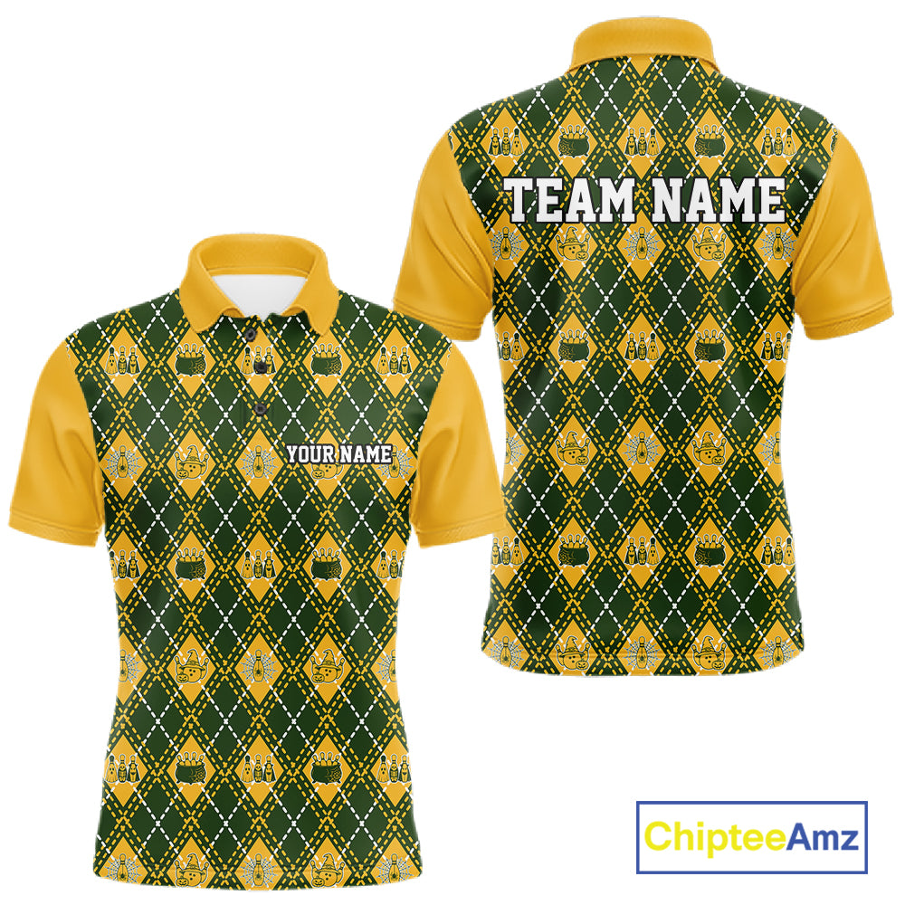 Custom Yellow And Green Halloween Bowling Argyle Pattern Bowling Team Men Polo Shirt IPHW11929