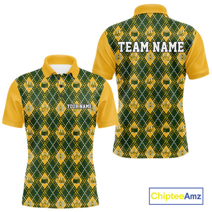 Custom Yellow And Green Halloween Bowling Argyle Pattern Bowling Team Men Polo Shirt IPHW11929