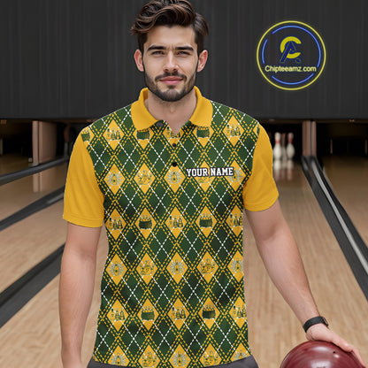 Custom Yellow And Green Halloween Bowling Argyle Pattern Bowling Team Men Polo Shirt IPHW11929