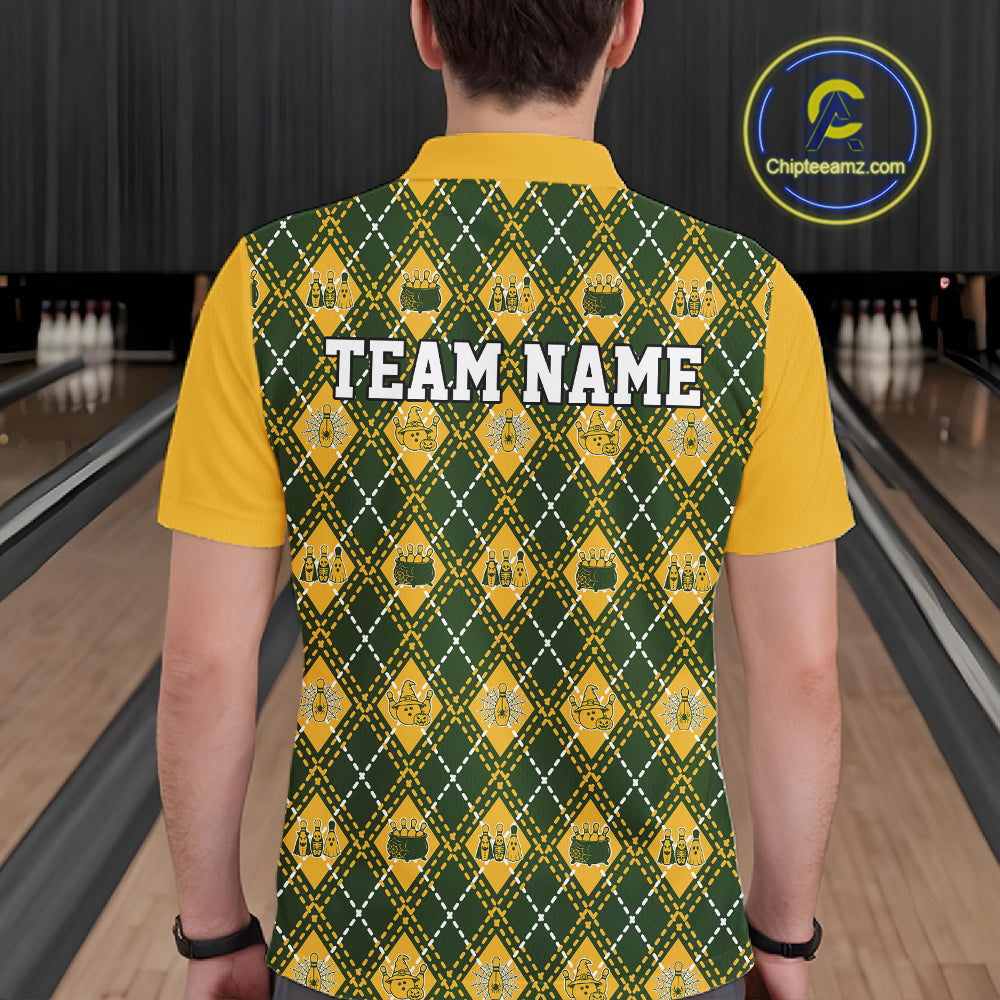 Custom Yellow And Green Halloween Bowling Argyle Pattern Bowling Team Men Polo Shirt IPHW11929