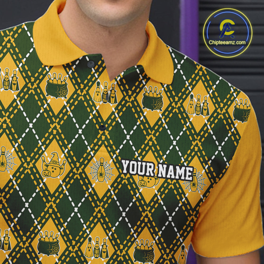 Custom Yellow And Green Halloween Bowling Argyle Pattern Bowling Team Men Polo Shirt IPHW11929