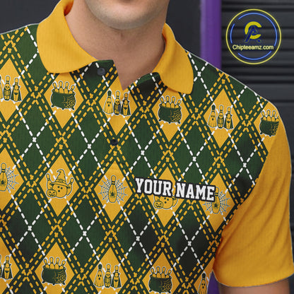 Custom Yellow And Green Halloween Bowling Argyle Pattern Bowling Team Men Polo Shirt IPHW11929