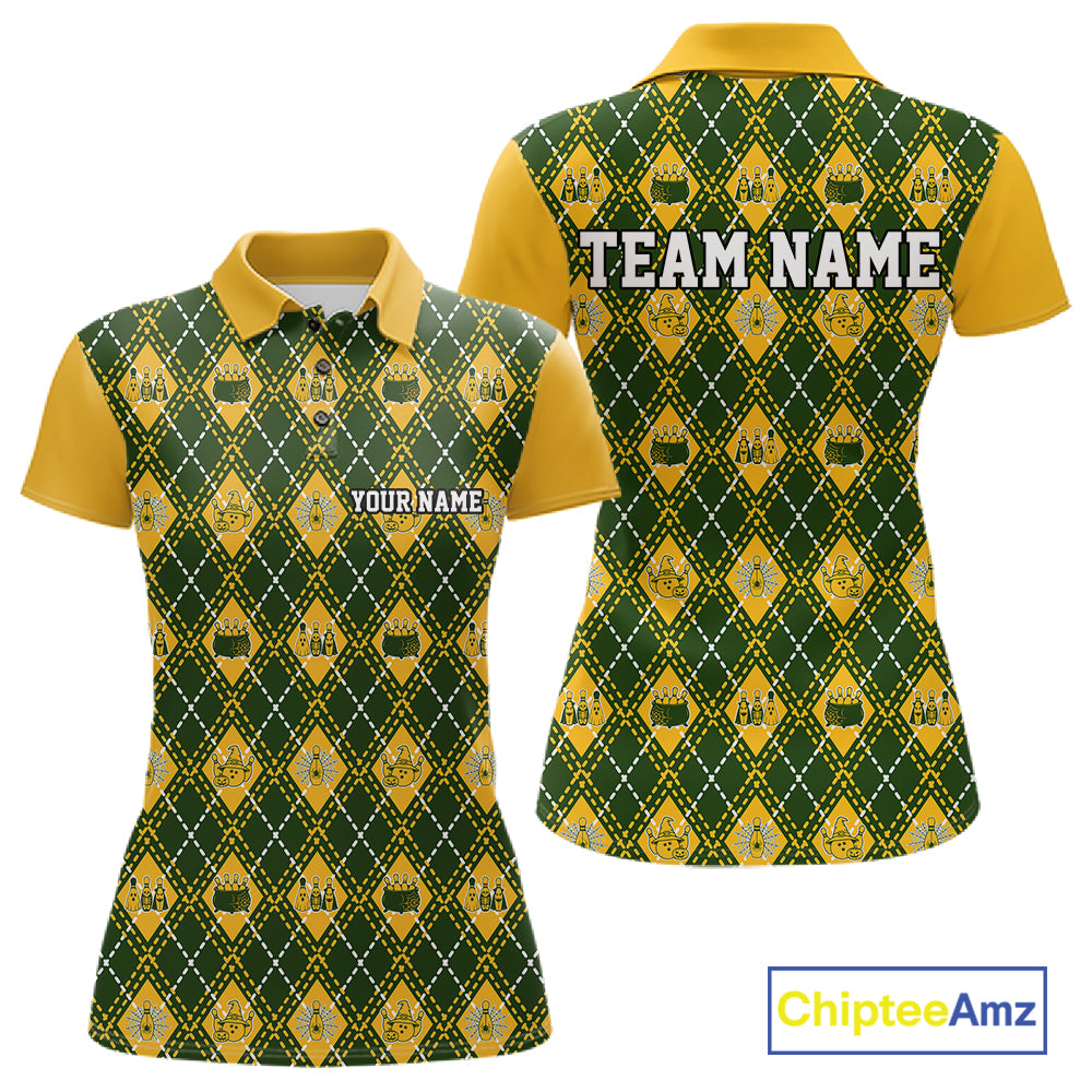 Custom Yellow And Green Halloween Bowling Argyle Pattern Bowling Team Women Polo Shirt IPHW11929
