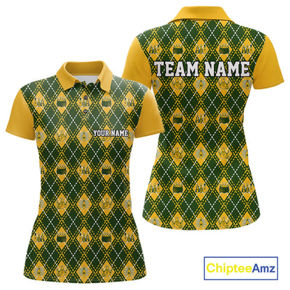 Custom Yellow And Green Halloween Bowling Argyle Pattern Bowling Team Women Polo Shirt IPHW11929