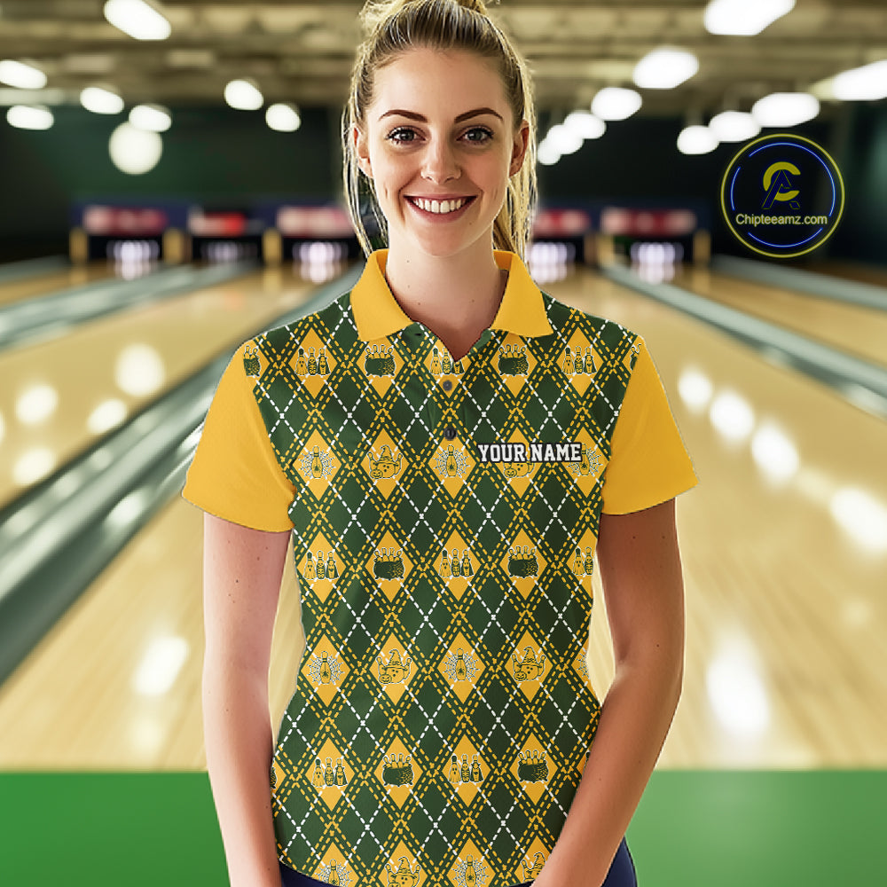 Custom Yellow And Green Halloween Bowling Argyle Pattern Bowling Team Women Polo Shirt IPHW11929
