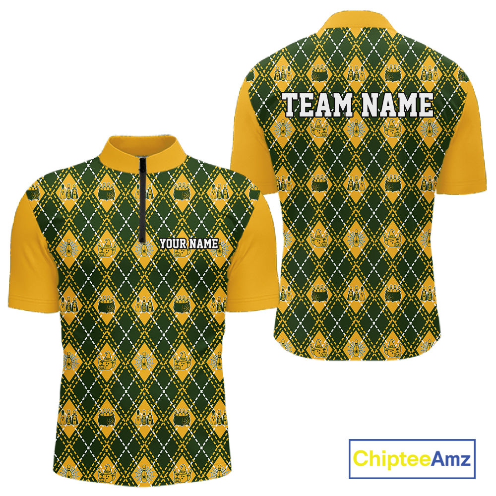 Custom Yellow And Green Halloween Bowling Argyle Pattern Bowling Team Men Quarter Zip Shirt IPHW11929