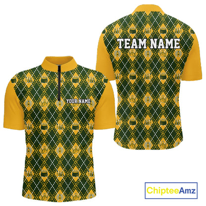 Custom Yellow And Green Halloween Bowling Argyle Pattern Bowling Team Men Quarter Zip Shirt IPHW11929