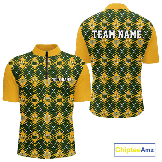 Custom Yellow And Green Halloween Bowling Argyle Pattern Bowling Team Men Quarter Zip Shirt IPHW11929