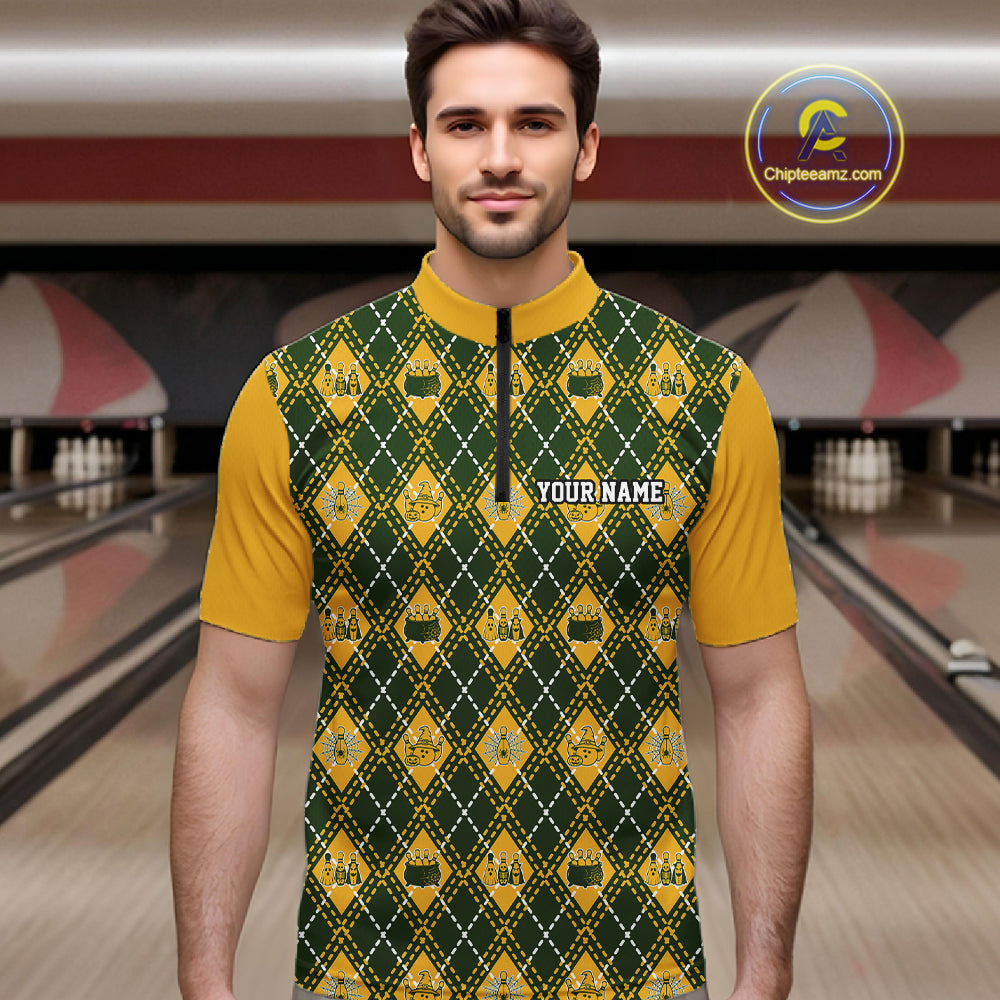 Custom Yellow And Green Halloween Bowling Argyle Pattern Bowling Team Men Quarter Zip Shirt IPHW11929