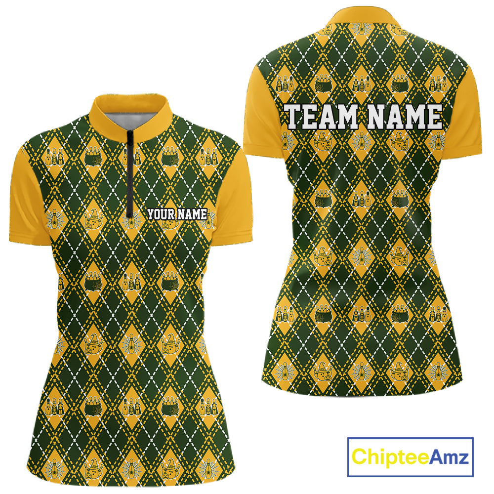 Custom Yellow And Green Halloween Bowling Argyle Pattern Bowling Women Quarter-Zip Shirt IPHW11929