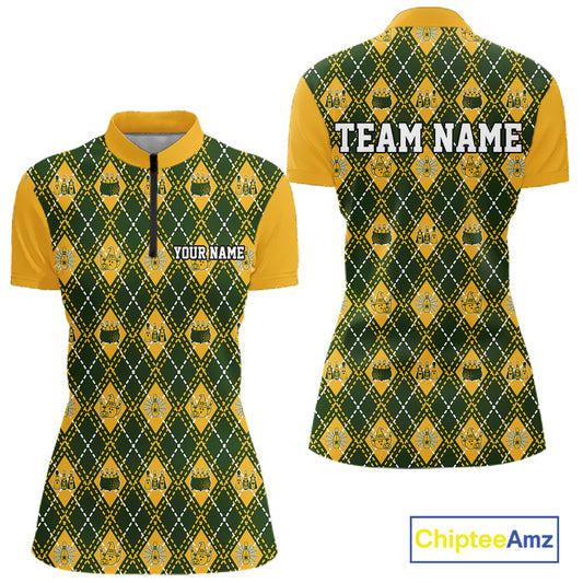 Custom Yellow And Green Halloween Bowling Argyle Pattern Bowling Women Quarter-Zip Shirt IPHW11929