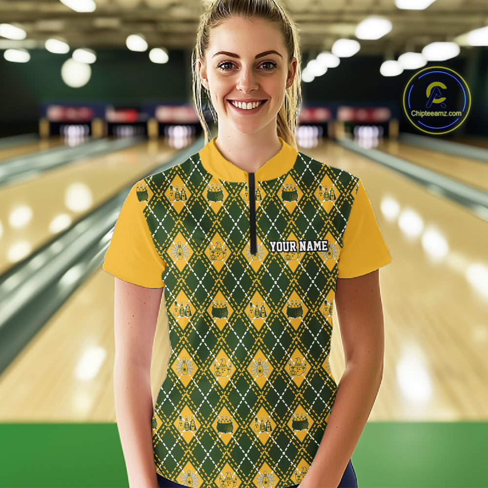 Custom Yellow And Green Halloween Bowling Argyle Pattern Bowling Women Quarter-Zip Shirt IPHW11929