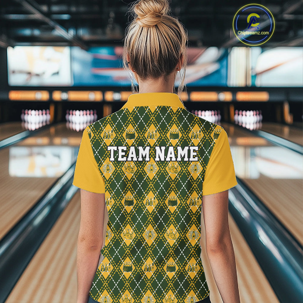 Custom Yellow And Green Halloween Bowling Argyle Pattern Bowling Women Quarter-Zip Shirt IPHW11929
